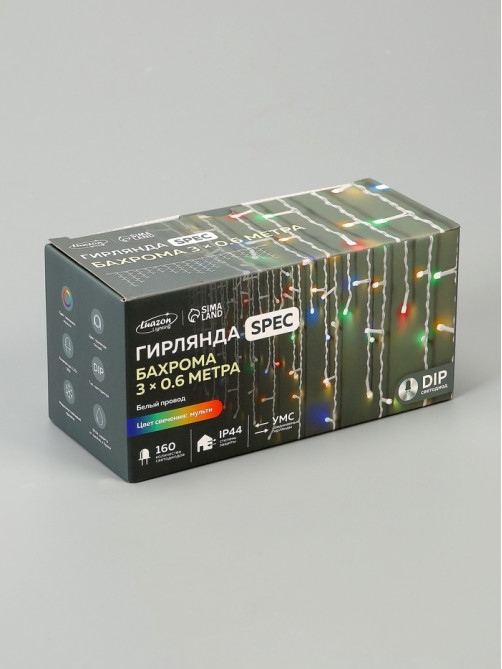Гирлянда «Бахрома» 3×0.6 м, IP44, УМС, белая нить, 160 LED, свечение мульти, 220 В