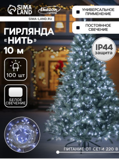 Гирлянда «Нить» 10 м, IP44, УМС, белая нить, 100 LED, свечение белое, 220 В