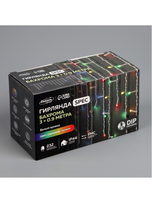 Гирлянда «Бахрома» 3×0.9 м, IP44, УМС, белая нить, 232 LED, свечение мульти, 220 В