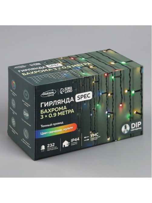 Гирлянда «Бахрома» 3×0.9 м, IP44, УМС, тёмная нить, 232 LED, свечение мульти, 220 В