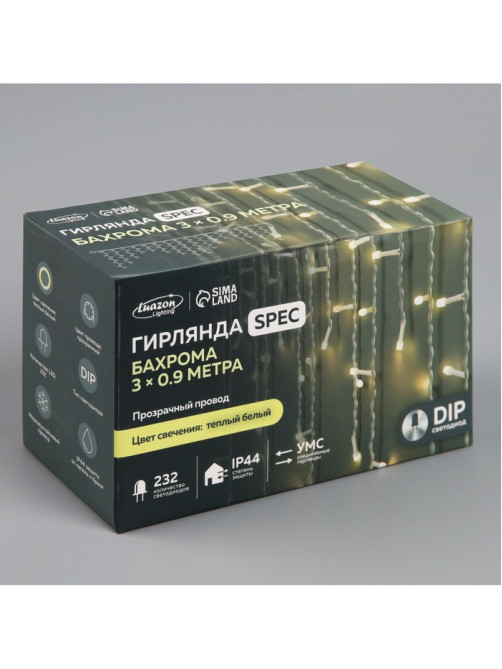 Гирлянда «Бахрома» 3×0.9 м, IP44, УМС, прозрачная нить, 232 LED, свечение тёплое белое, 220 В