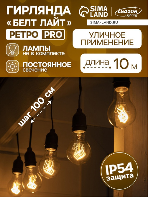 Гирлянда «Ретро белт-лайт» 10 м, IP54, УМС, тёмная нить, шаг 100 см, Е27 (без ламп), 220 В