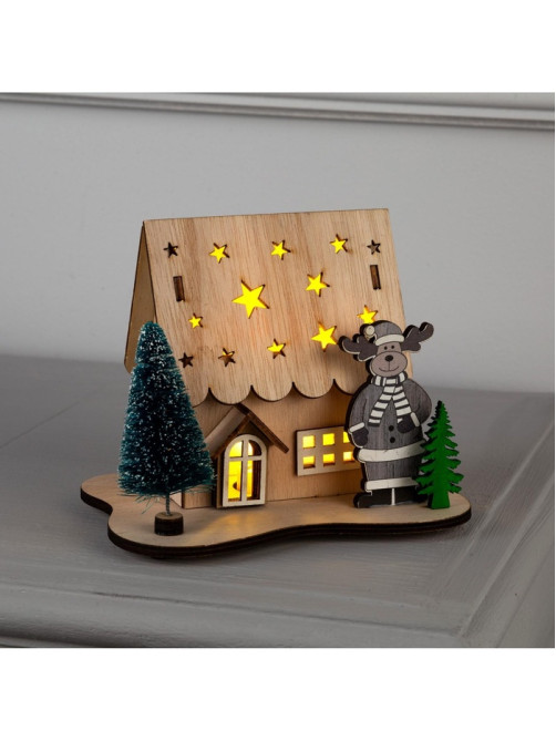 Светодиодная фигура «Дом с оленем» 11×15×3 см, дерево, от батареек LR41×3, свечение тёплое белое