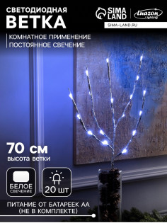 Светодиодная ветка 70 см, 20 LED, серебристая, от батареек AAх2, свечение белое