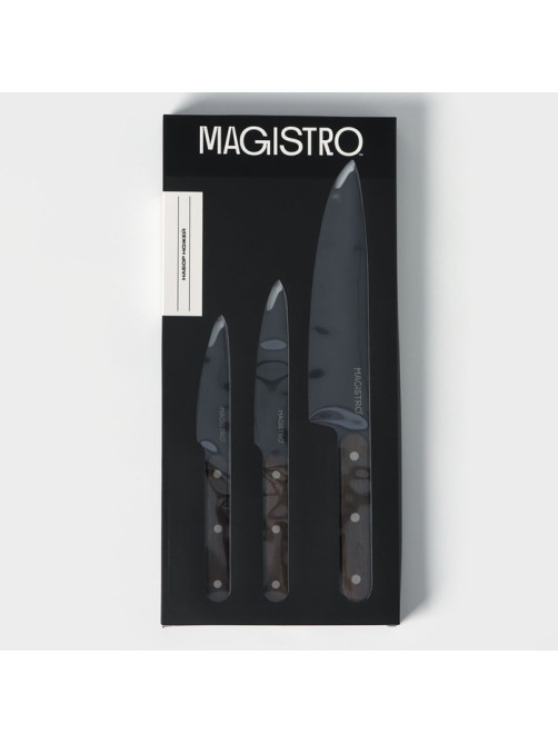 Набор кухонных ножей Magistro Dark wood, 3 предмета: лезвие 10.2 см, 12.7 см, 19 см, чёрный