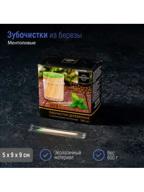Зубочистки из берёзы Magistro, 500 шт., ментоловые, в индивидуальной упаковке, картонная коробка