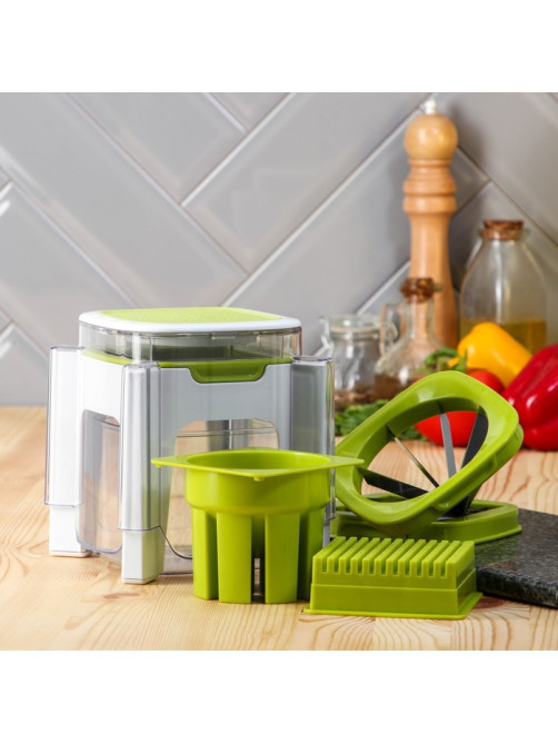 Овощерезка универсальная с контейнером Доляна Fresh Cook, 3 сменные насадки и пушер, 14.5×14.5×21 см, бело-зелёная