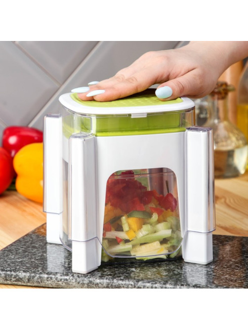 Овощерезка универсальная с контейнером Доляна Fresh Cook, 3 сменные насадки и пушер, 14.5×14.5×21 см, бело-зелёная