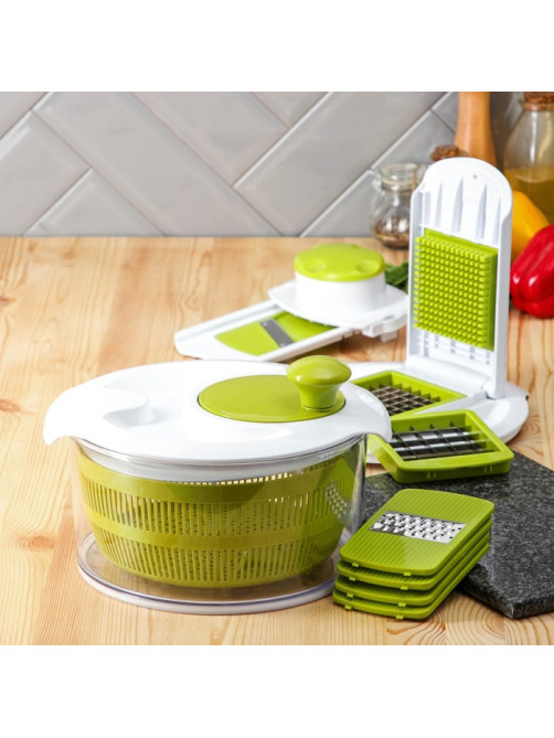 Овощерезка универсальная Доляна Fresh cook, 7 насадок, центрифуга для зелени, белая, зелёная