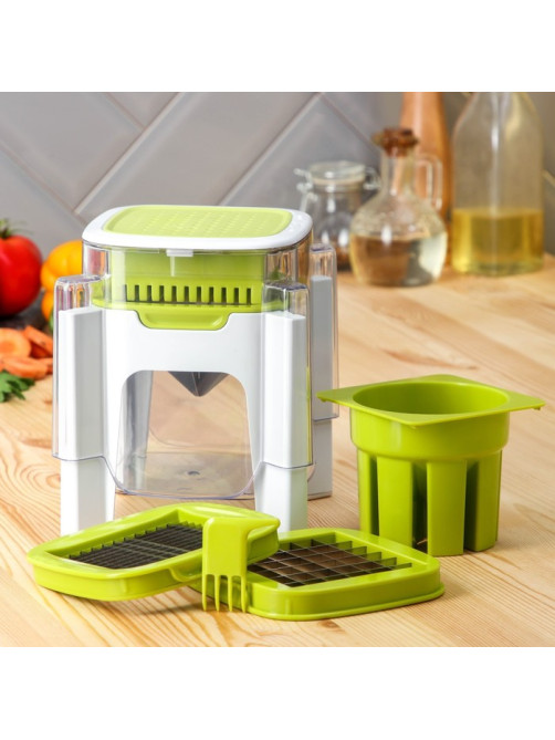 Овощерезка универсальная с контейнером Доляна Fresh Cook, 3 сменные насадки и пушер, 14.5×14.5×21 см, бело-зелёная