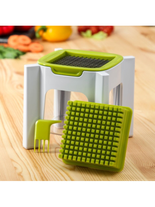 Овощерезка универсальная с контейнером Доляна Fresh Cook, 3 сменные насадки и пушер, 14.5×14.5×21 см, бело-зелёная