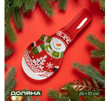 Подставка новогодняя под ложку Доляна «Снеговик», 24×10 см, стекло, красная