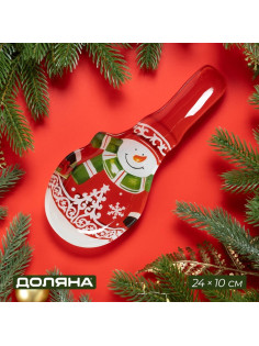Подставка новогодняя под ложку Доляна «Снеговик», 24×10 см, стекло, красная