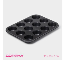 Форма для выпечки Доляна «Жаклин», 35×26×3 см, 12 ячеек, d=6.5 см, антипригарное покрытие, чёрная