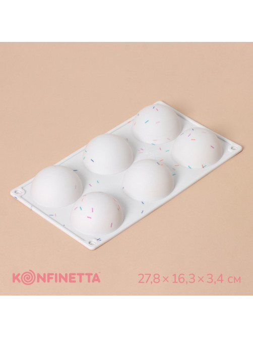 Форма для выпечки KONFINETTA «Фигуры. Полусфера», силикон, 27.8×16.3×3.4 см, 6 ячеек (d=6.7 см), белая