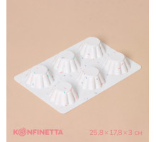 Форма для выпечки KONFINETTA «Сладости. Пудинг», силикон, 25.8×17.8×3 см, 6 ячеек (d=7 см), белая