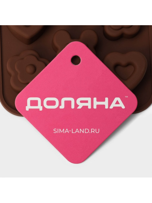 Форма для конфет и шоколада Доляна «Мишка, цветок, сердце», силикон, 19.7×10.5×1.5 см, 14 ячеек, коричневая