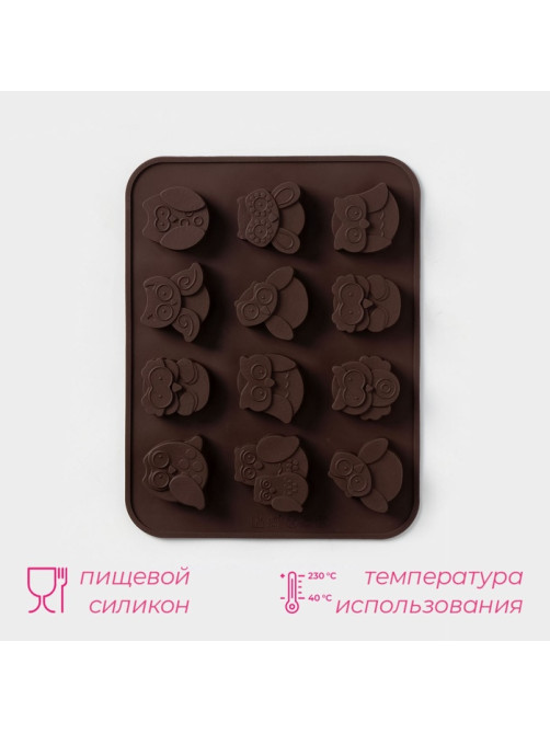 Форма для шоколада Доляна «Совы», силикон, 19×15 см, 12 ячеек (3.5×3.5×1.5 см), коричневая