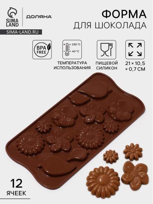 Форма для шоколада Доляна «Цветение», силикон, 21×10.5×0.7 см, 12 ячеек, коричневая