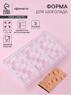 Форма для шоколада KONFINETTA «Соты», пластик, 27.5×17.5×2.5 см, 3 ячейки 15.3×7.5×0.8 см, прозрачная