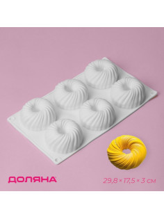 Форма для муссовых десертов и выпечки Доляна «Вихрь», 29.8×17.5×3 см, 6 ячеек (d=7.7 см), силикон, белая