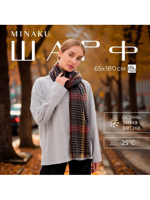 Шарф зимний с кистями MINAKU, размер 65×180 + 8 см, принт клетка