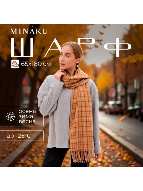 Шарф зимний с кистями MINAKU, размер 65×180 + 8 см, бежевый