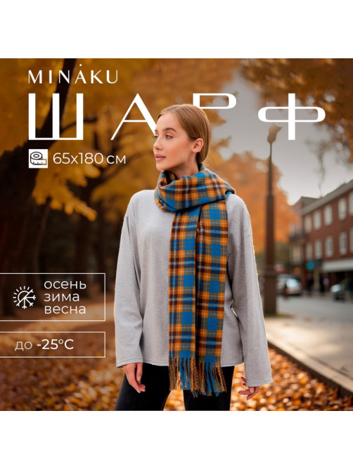 Шарф зимний с кистями MINAKU, размер 65×180 + 8 см, принт клетка