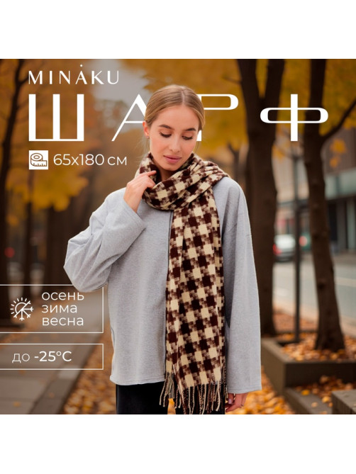 Шарф зимний с кистями MINAKU, размер 65×180 + 8 см, принт клетка