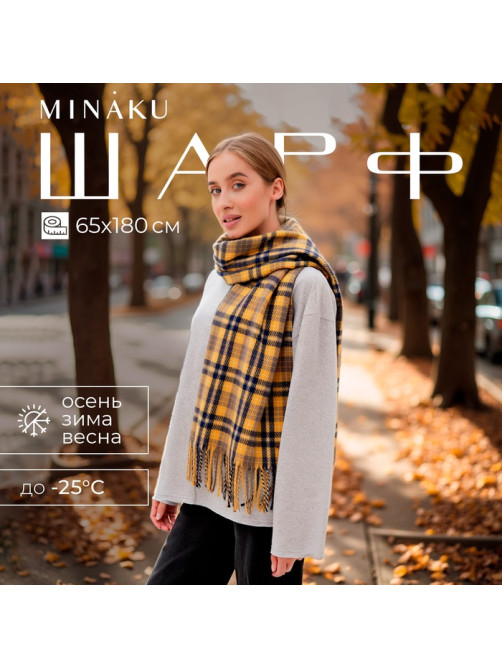 Шарф зимний с кистями MINAKU, размер 65×180 + 8 см, принт клетка