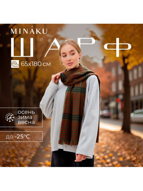 Шарф зимний с кистями MINAKU, размер 65×180 + 8 см, принт клетка
