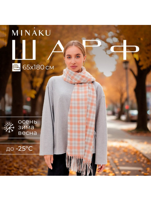 Шарф зимний с кистями MINAKU, размер 65×180 + 8 см, принт клетка