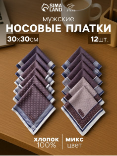 Платки носовые мужские «Этель. Серджио», 30×30 см, 12 шт., рисунок МИКС, фиолетовые
