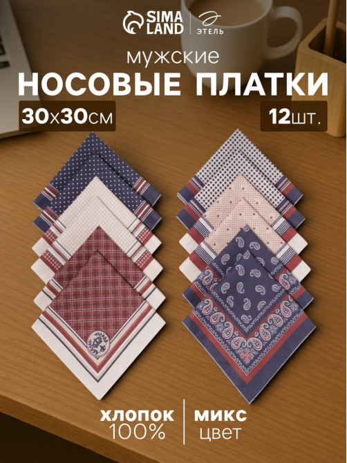 Платки носовые мужские «Этель», размер 30×30 см, набор 12 шт., принт МИКС, 100% хлопок