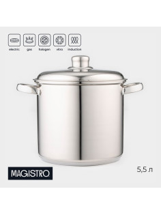 Кастрюля Magistro Grande, 5.5 л, d=21.5 см, с крышкой, капсульное дно, индукция, нержавеющая сталь, хромированная