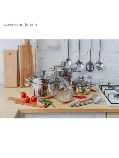 Кастрюля Magistro Klimena, 4.6 л, слив для воды, капсульное дно, индукция, нержавеющая сталь, AISI - 201, хромированная