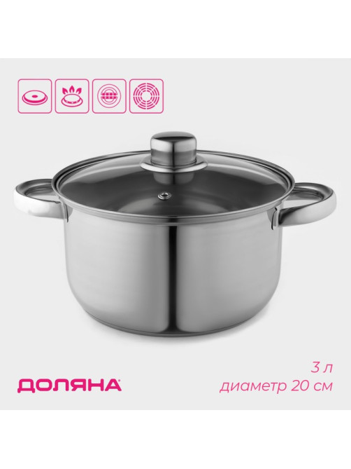Кастрюля Доляна «Классика», 3 л, d=20 см, с крышкой, капсульное дно, нержавеющая сталь, хромированная