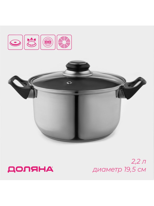 Кастрюля Доляна «Чёрная ночь», 2.2 л, d=18 см, с крышкой, капсульное дно, нержавеющая сталь, хромированная