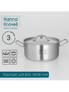 Кастрюля Hanna Knövell, 3 л, d=20 см, h=9.5 см, толщина стенки 0.6 мм, с крышкой, капсульное дно, индукция, нержавеющая сталь, хромированная