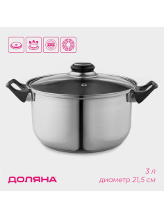 Кастрюля Доляна «Чёрная ночь», 3 л, d=20 см, с крышкой, капсульное дно, нержавеющая сталь, хромированная