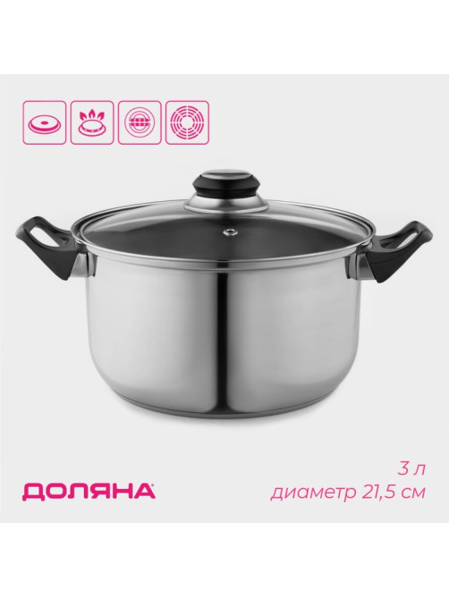 Кастрюля Доляна «Чёрная ночь», 3 л, d=20 см, с крышкой, капсульное дно, нержавеющая сталь, хромированная