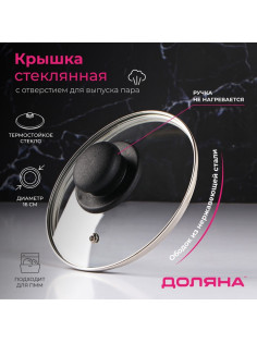 Крышка для сковороды и кастрюли Доляна, d=16 см, нержавеющий обод, пластиковая ручка, стекло, прозрачная