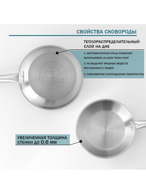 Сковорода Hanna Knövell, d=24 см, h=5 см, толщина стенки 0.6 мм, длина ручки 21.5 см, индукция, нержавеющая сталь