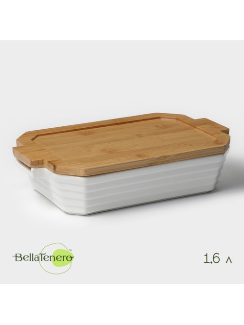 Форма для запекания BellaTenero, 1.6 л, 31×19×7.5 см, с бамбуковой крышкой, керамика, белая