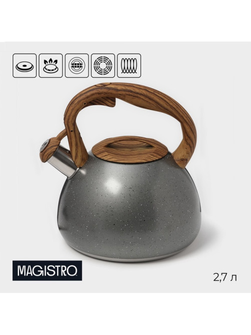 Чайник Magistro Stone, 2.7 л, со свистком, ручка софт тач, индукция, нержавеющая сталь, серый
