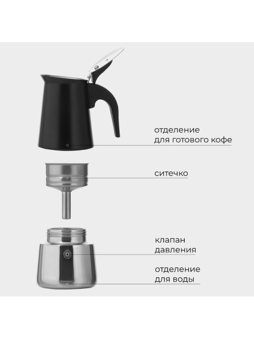 Кофеварка гейзерная Magistro Classic black, на 6 чашек, 300 мл, индукция, нержавеющая сталь, чёрная
