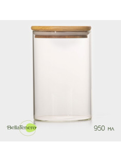 Банка для сыпучих BellaTenero «Эко», 950 мл, 10×15.5 см, с бамбуковой крышкой, стекло, прозрачная