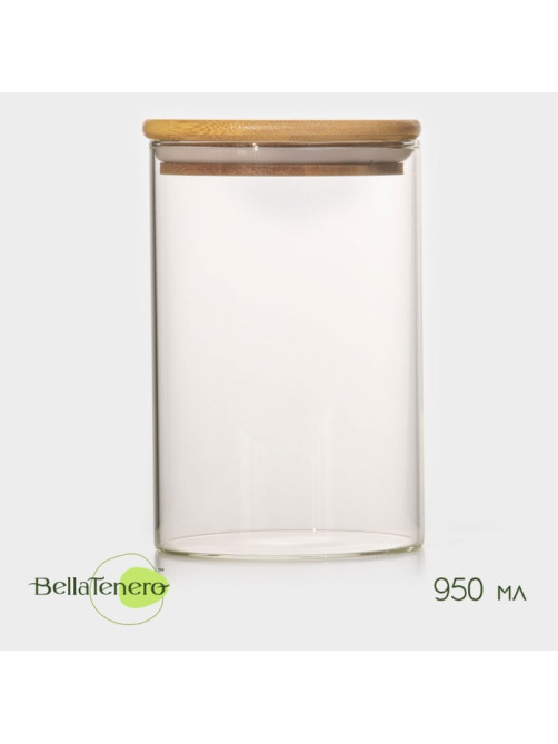 Банка для сыпучих BellaTenero «Эко», 950 мл, 10×15.5 см, с бамбуковой крышкой, стекло, прозрачная