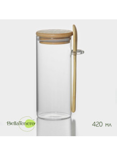 Банка для сыпучих BellaTenero «Эко», 420 мл, 6.7×15.5 см, с бамбуковой крышкой, с ложкой, стекло, прозрачная