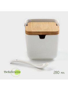 Банка для сыпучих продуктов BellaTenero, 280 мл, 9×9.5 см, с ложкой, бамбуковая крышка, фарфор, белая